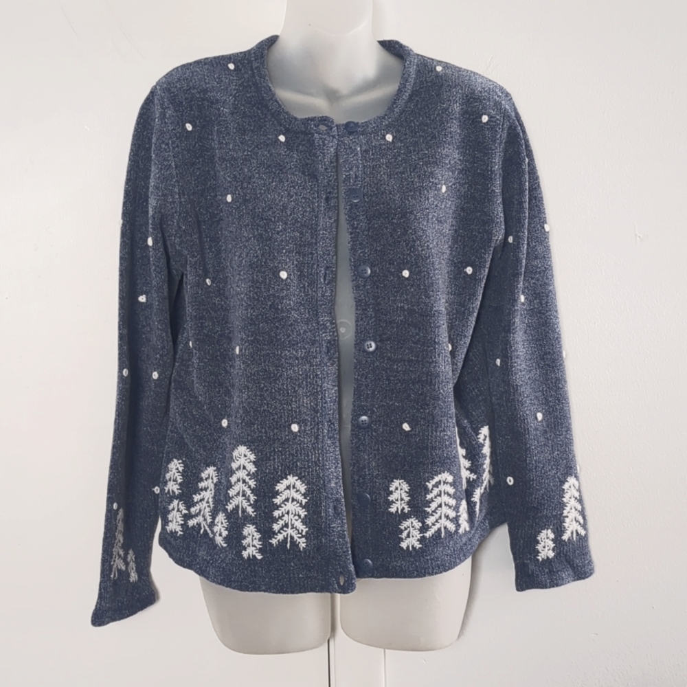 ❄️ Blue Cardigan SWEATER White Pine Trees embroidered Sz M CHRISTOPHER & BANKS